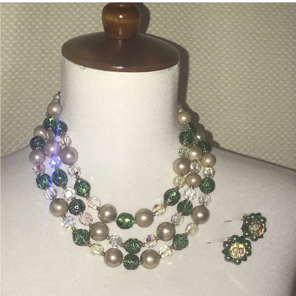 Lisner Vintage Necklace Clip Earring Set Costume Aurora Borealis Crystal Pearl